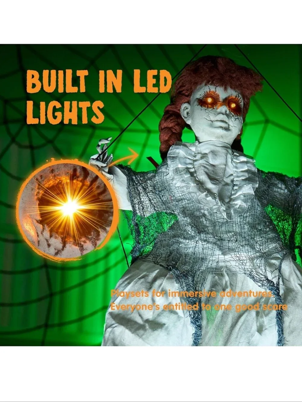 EUC LED Animated Halloween Red Haired Scary Swinging Haunted Zombie Girl!